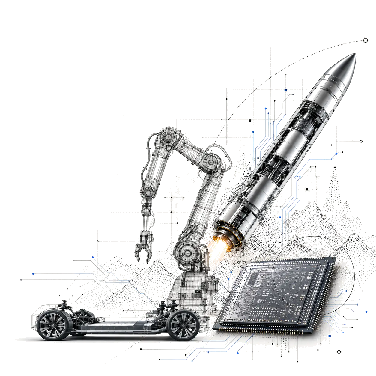 A technical illustration of an electric vehicle chassis, a robotic arm, a rocket, and a processor